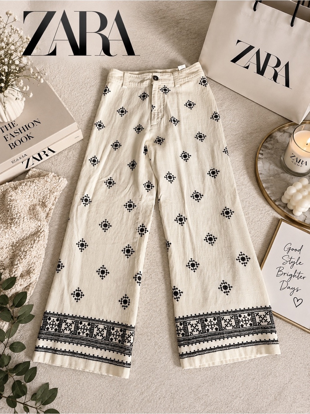 Zara Cream Wide-Leg Pants with Black Embroidered Motif